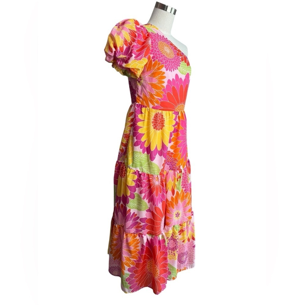J.Marie Leilani One Shoulder Short Puffed Sleeve Tiered Midi Dress NWT - Picture 4 of 4